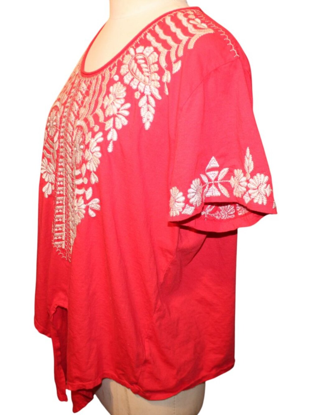 JOHNNY WAS Embroidered Rita Knot Tie Front Top Size XL Red Coral Boho Designer - Picture 7 of 13